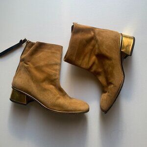 Ankle Boots in Tan Suede with Sculptural Gold Heel